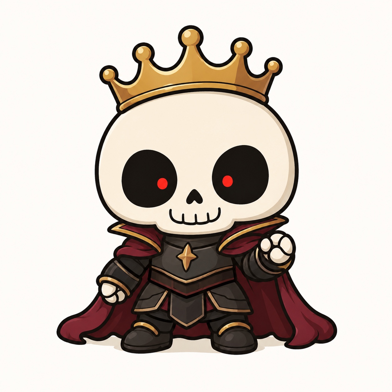 The First Summoner: crowned skeleton in burgundy cape and gold-trimmed armor